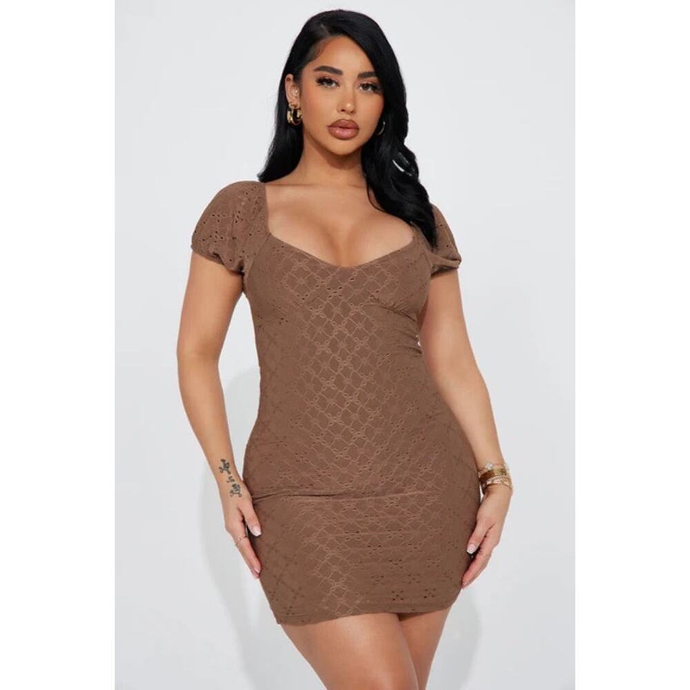 Y2K M Medium Babydoll Dress Eyelet Lace‎ Coquette Fairy Ambiance Romantic Brown